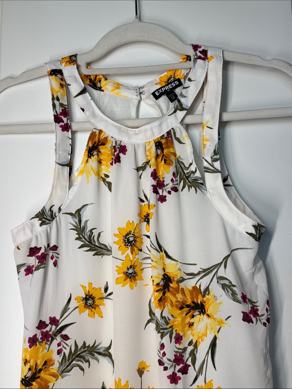Express White Floral Top with Yellow & Olive Accents